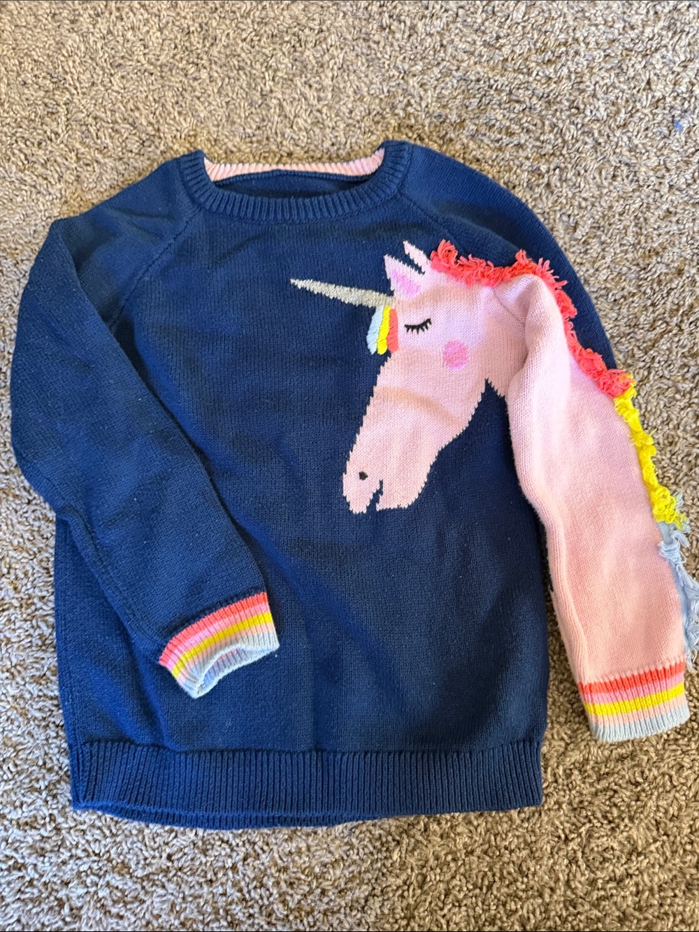 Joules Navy Knit Unicorn Sweater with Pink Mane and Rainbow Trim